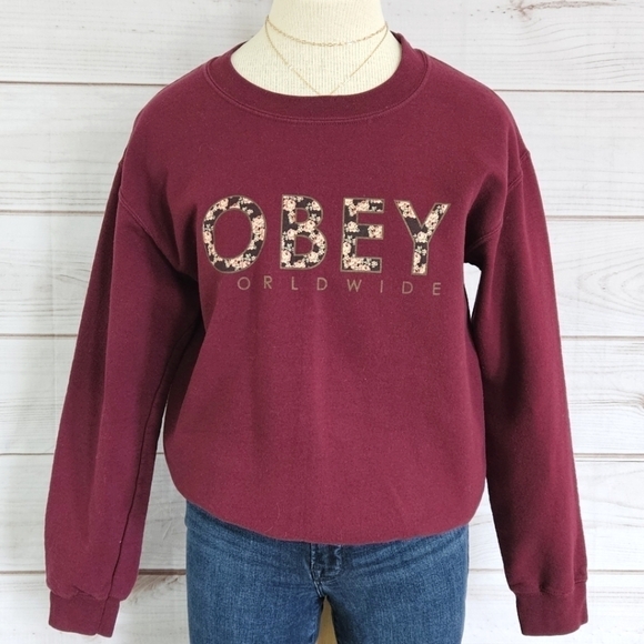 Obey Worldwide Propaganda Logo Cotton Crewneck Sweatshirt in Plum Size Small - Picture 10 of 10